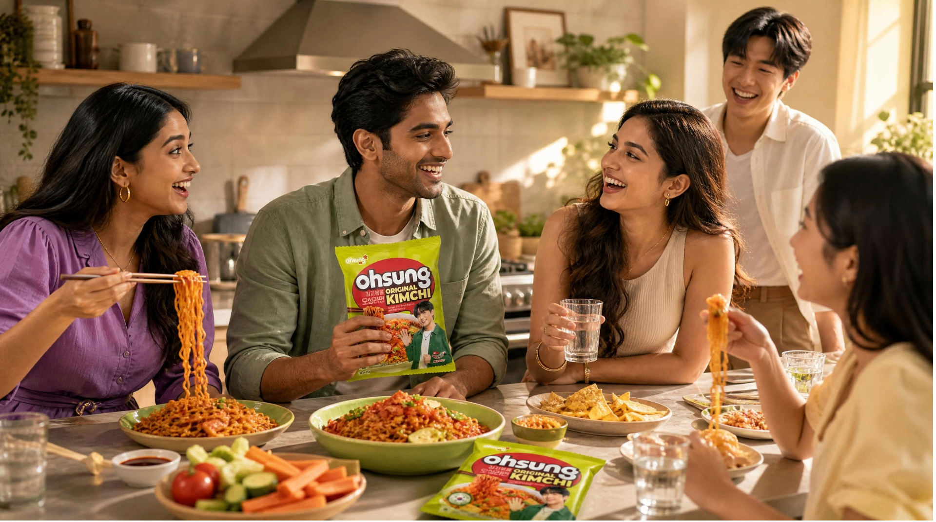 Friends sharing OHSUNG Original Kimchi ramyun together at a sunlit kitchen table